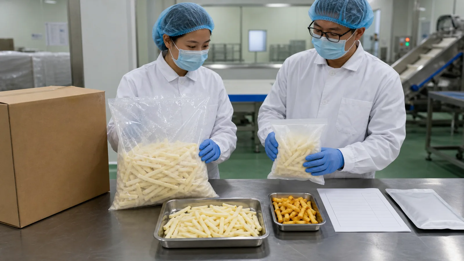 薯条代工人员对照餐饮大包装与零售小包装样品