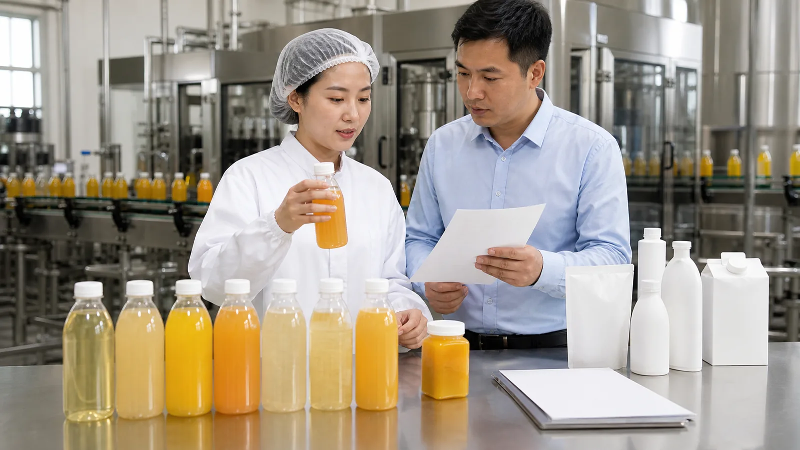 果汁代工质量人员核对饮料样品与批准资料
