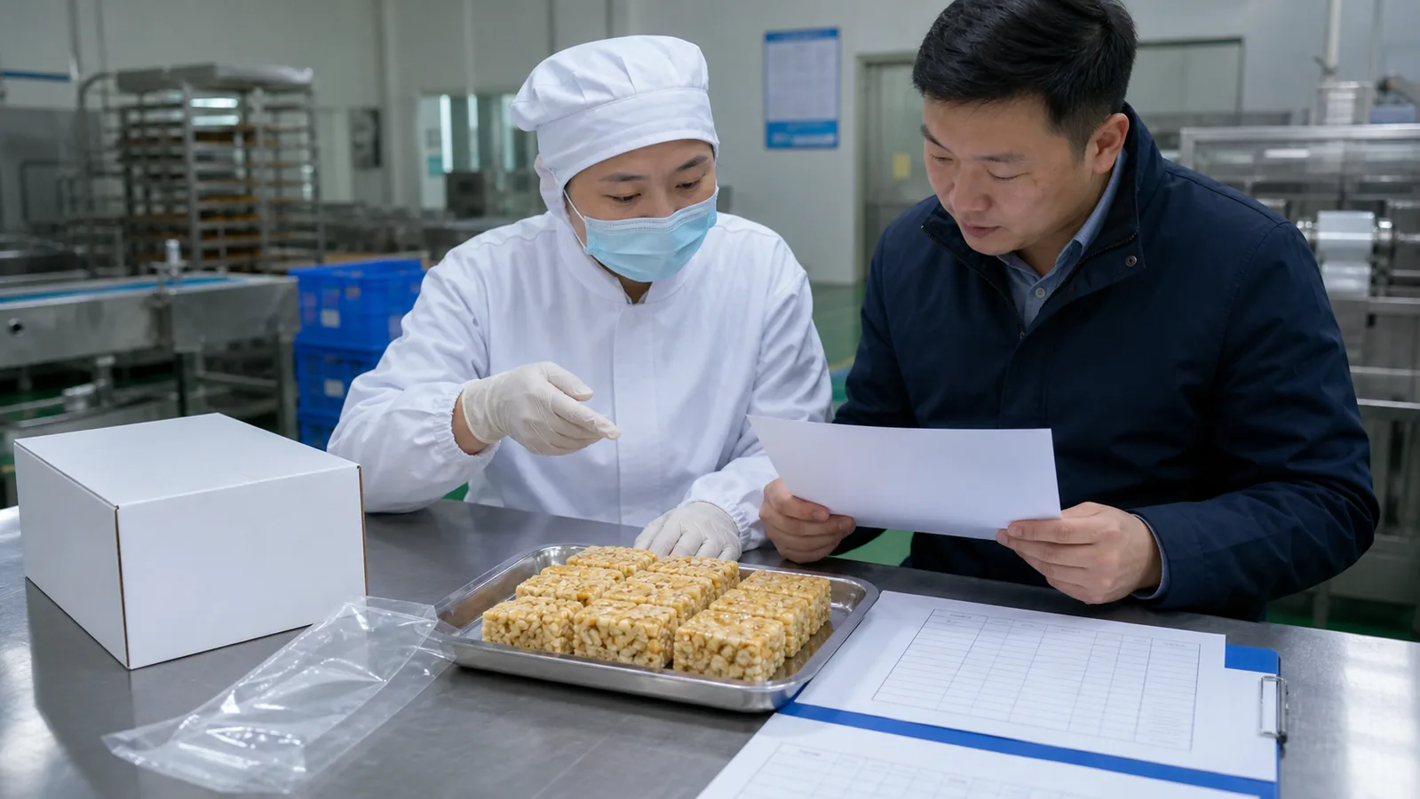 沙琪玛加工人员核对产品样品与出口资料