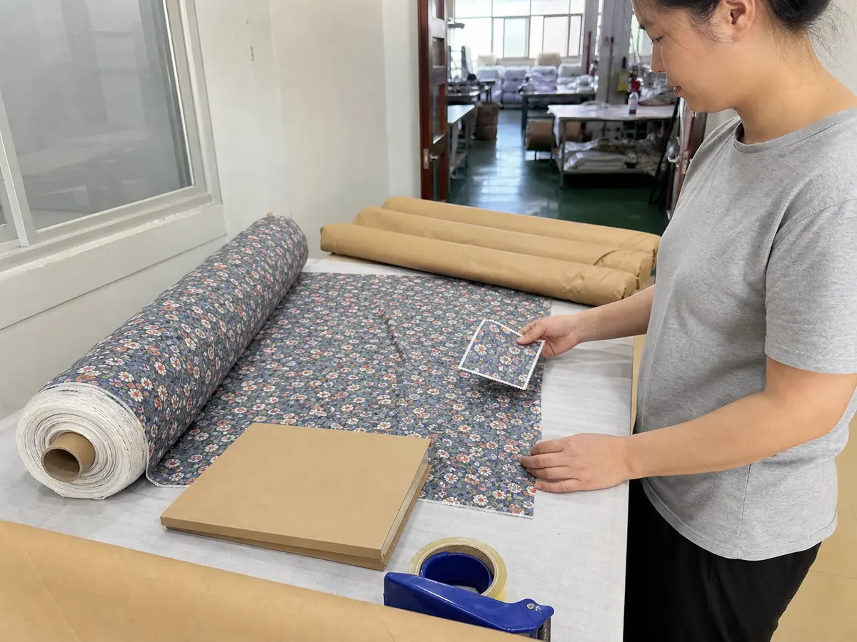 质量人员在包装交付区核对印花布卷与批准小样