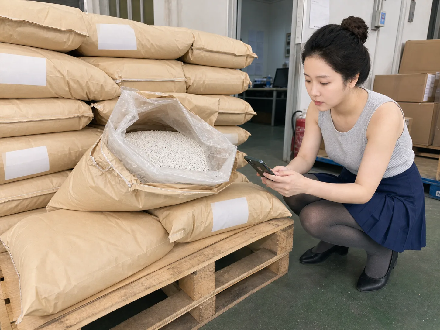 自媒体拍摄人员用手机记录母料代工颗粒的包装批次与托盘堆码状态
