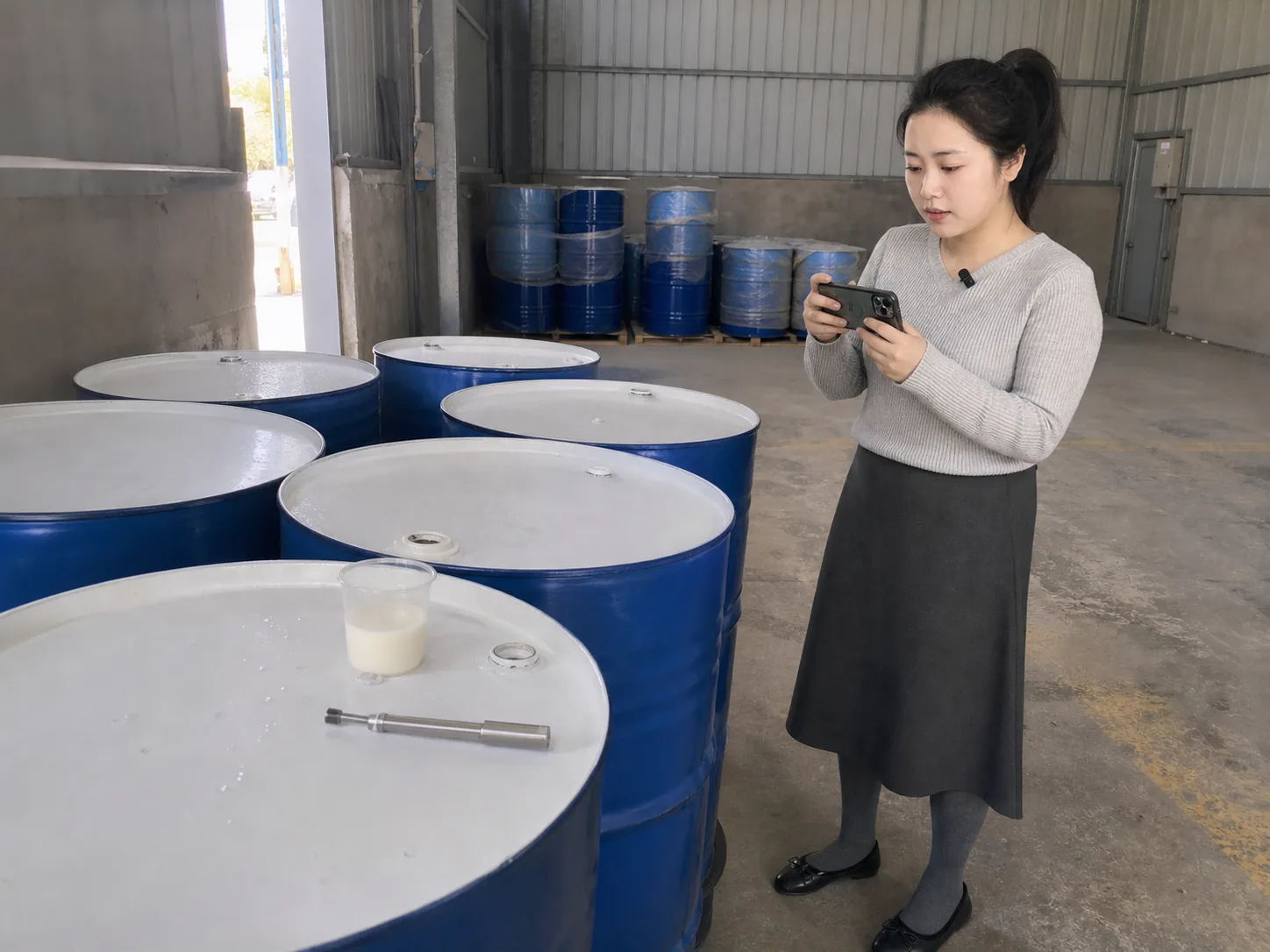 自媒体拍摄人员用手机记录浓缩天然胶乳来料桶与取样位置