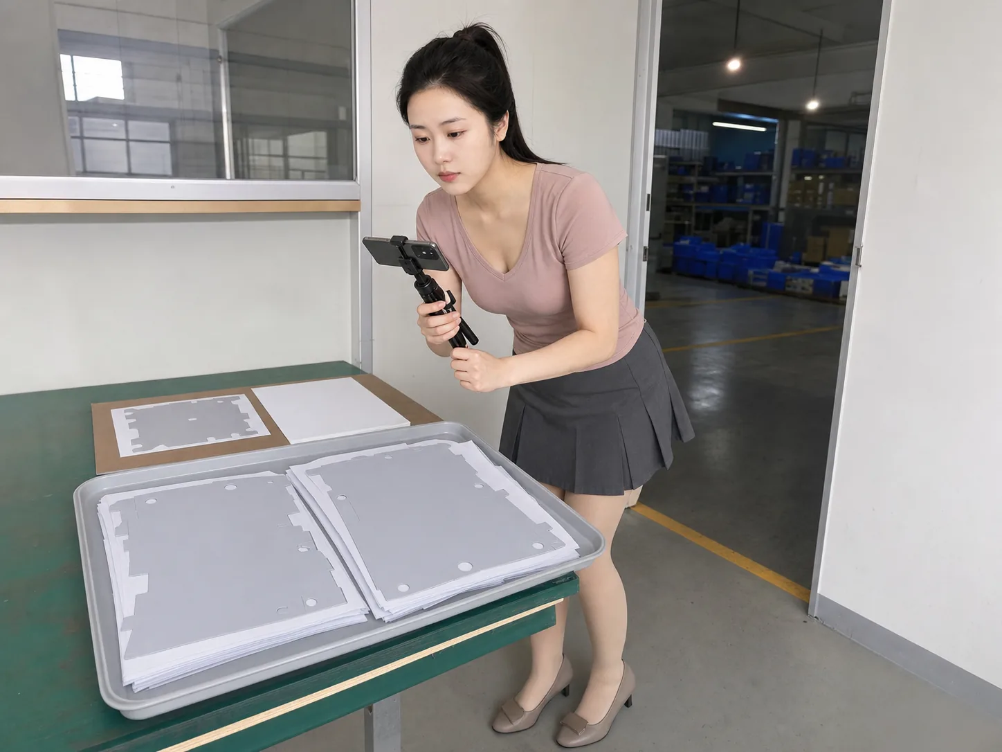 自媒体拍摄人员用手机记录导热垫片半成品与换型工艺记录位置