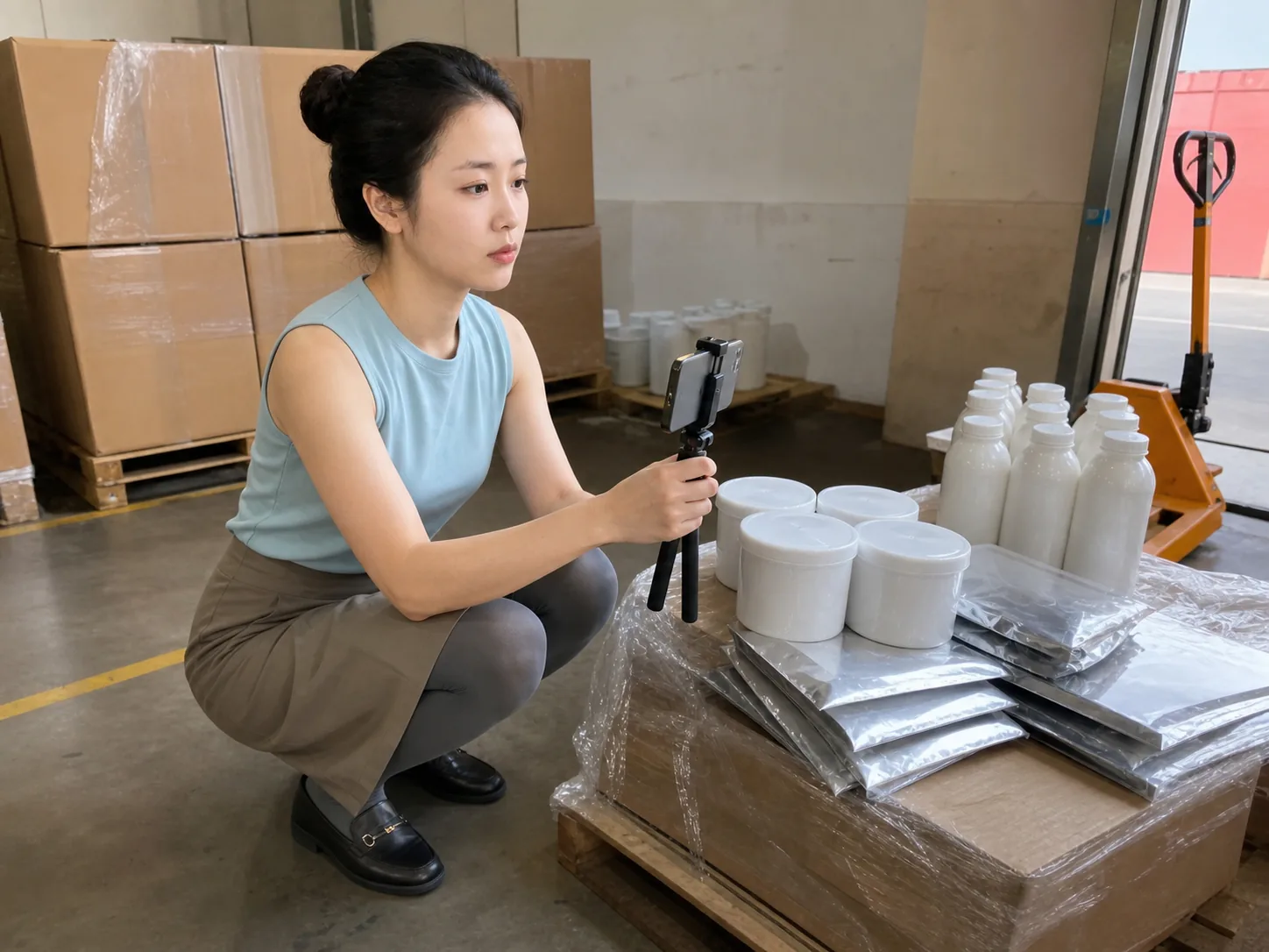 自媒体拍摄人员在石墨烯产品发货区用普通手机记录包装、批次与堆码状态