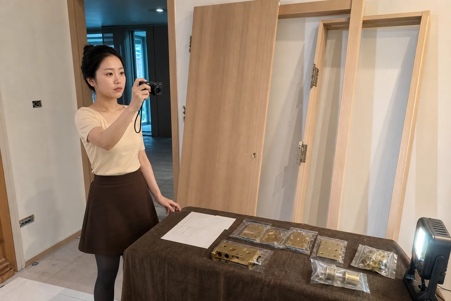 自媒体拍摄人员用便携相机记录实木门接口、门洞基础与配套五金关系