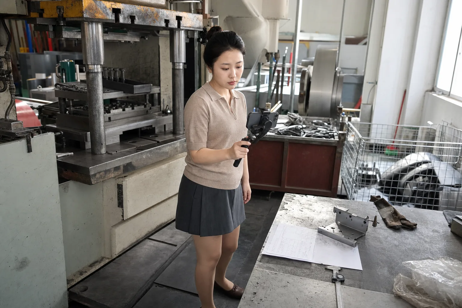 自媒体拍摄人员用手机记录精密冲压首件、样品与检验资料的对应关系
