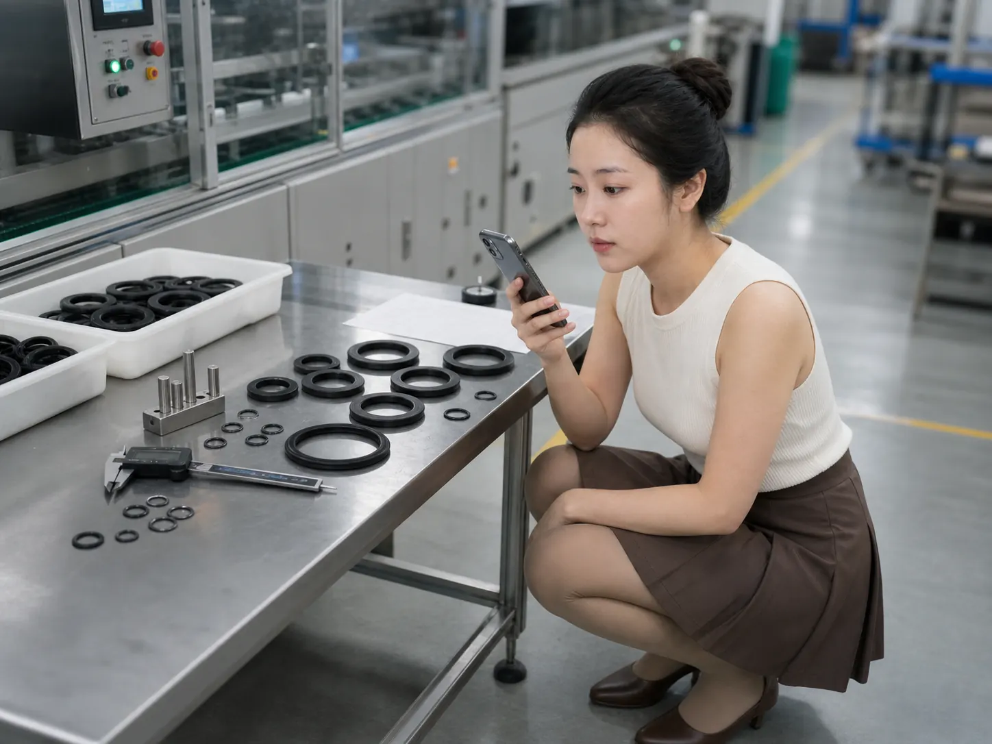 自媒体拍摄人员用手机记录密封圈量具与产品关键部位的关系