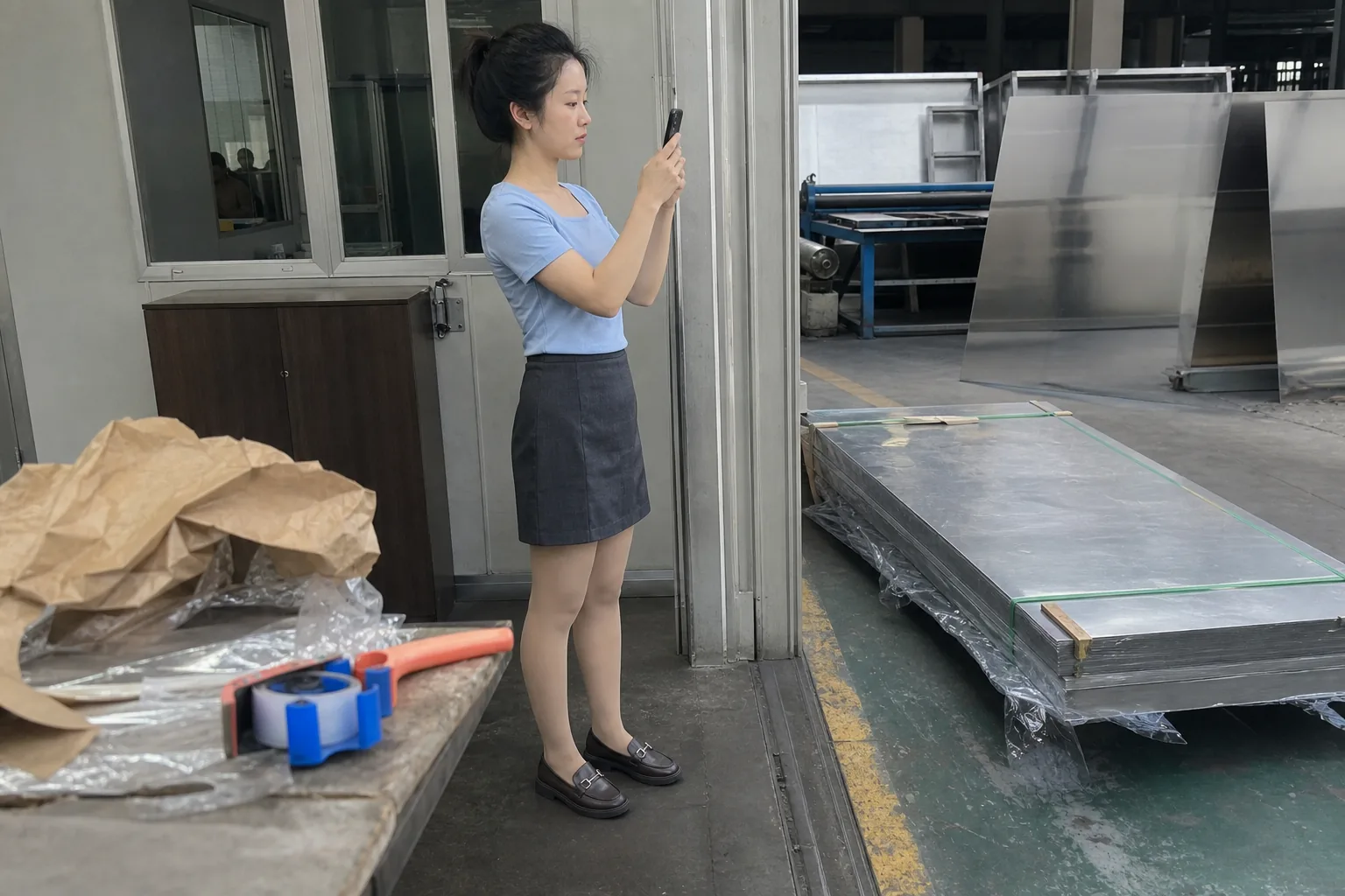 自媒体拍摄人员用手机记录钣金板材、外协件、包装状态和取样位置