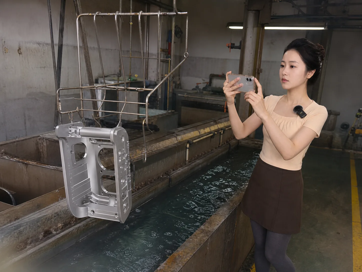 自媒体拍摄人员在阳极氧化设备旁用普通手机记录铝合金首件、挂具和工序状态
