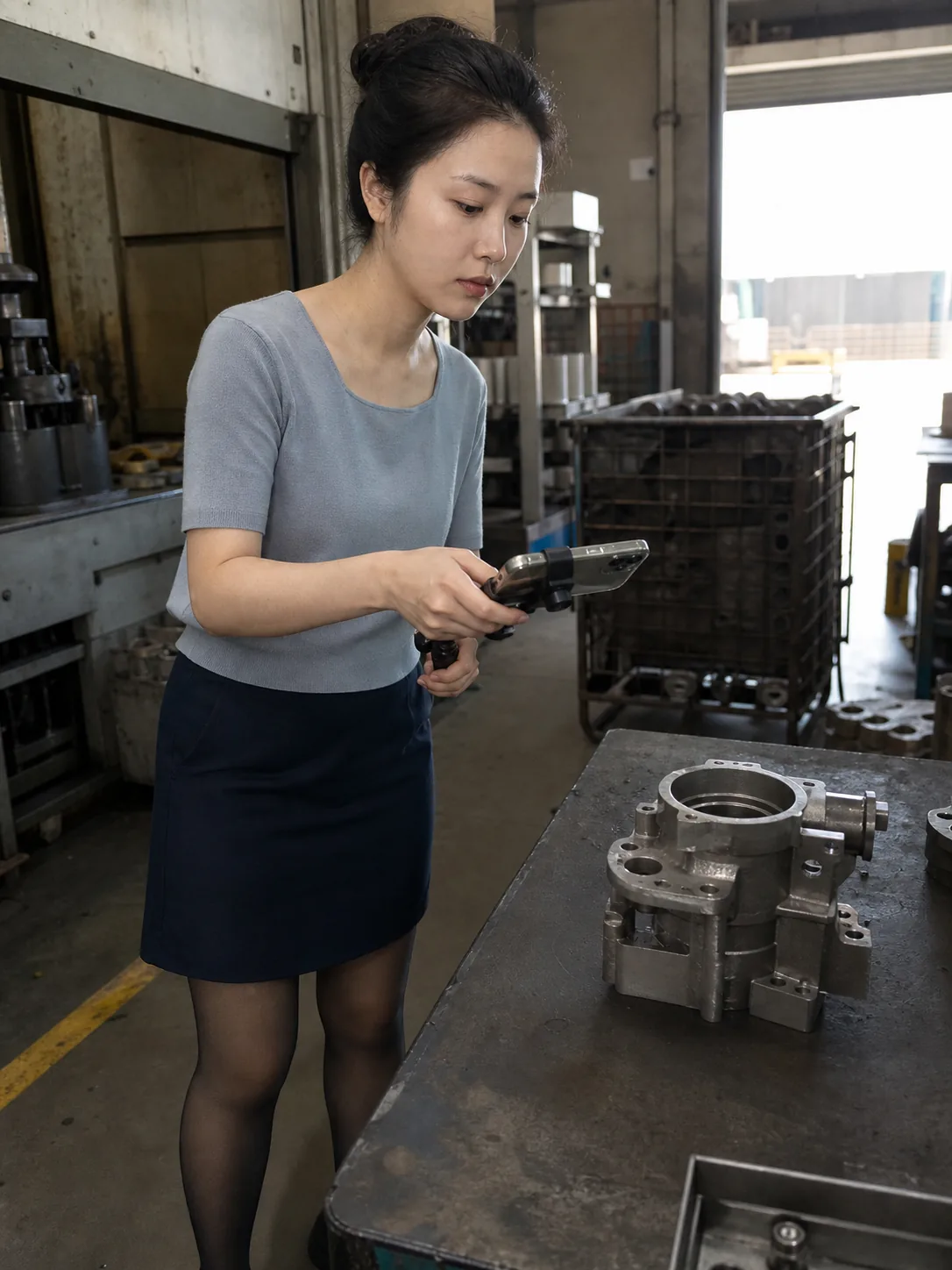 自媒体拍摄人员在高温合金零件生产区用普通手机记录接口、装配和工序状态