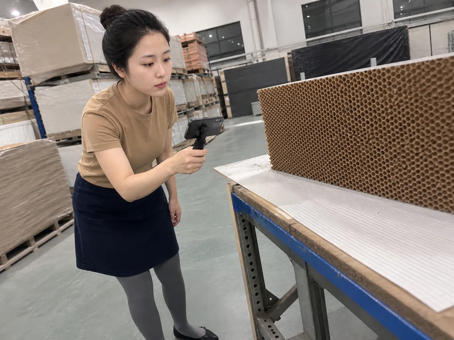 自媒体拍摄人员在蜂窝材料装配区用普通手机记录批号、方向、接口和到货状态