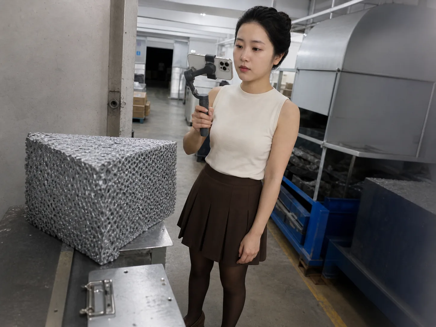 自媒体拍摄人员在泡沫金属生产交接区用普通手机记录样品、实物和检验资料对应关系