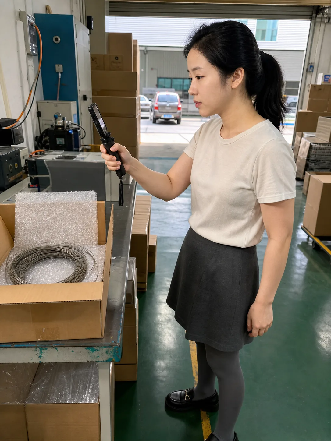 自媒体拍摄人员在记忆合金产品发货区用普通手机记录产品形态、包装与交付状态