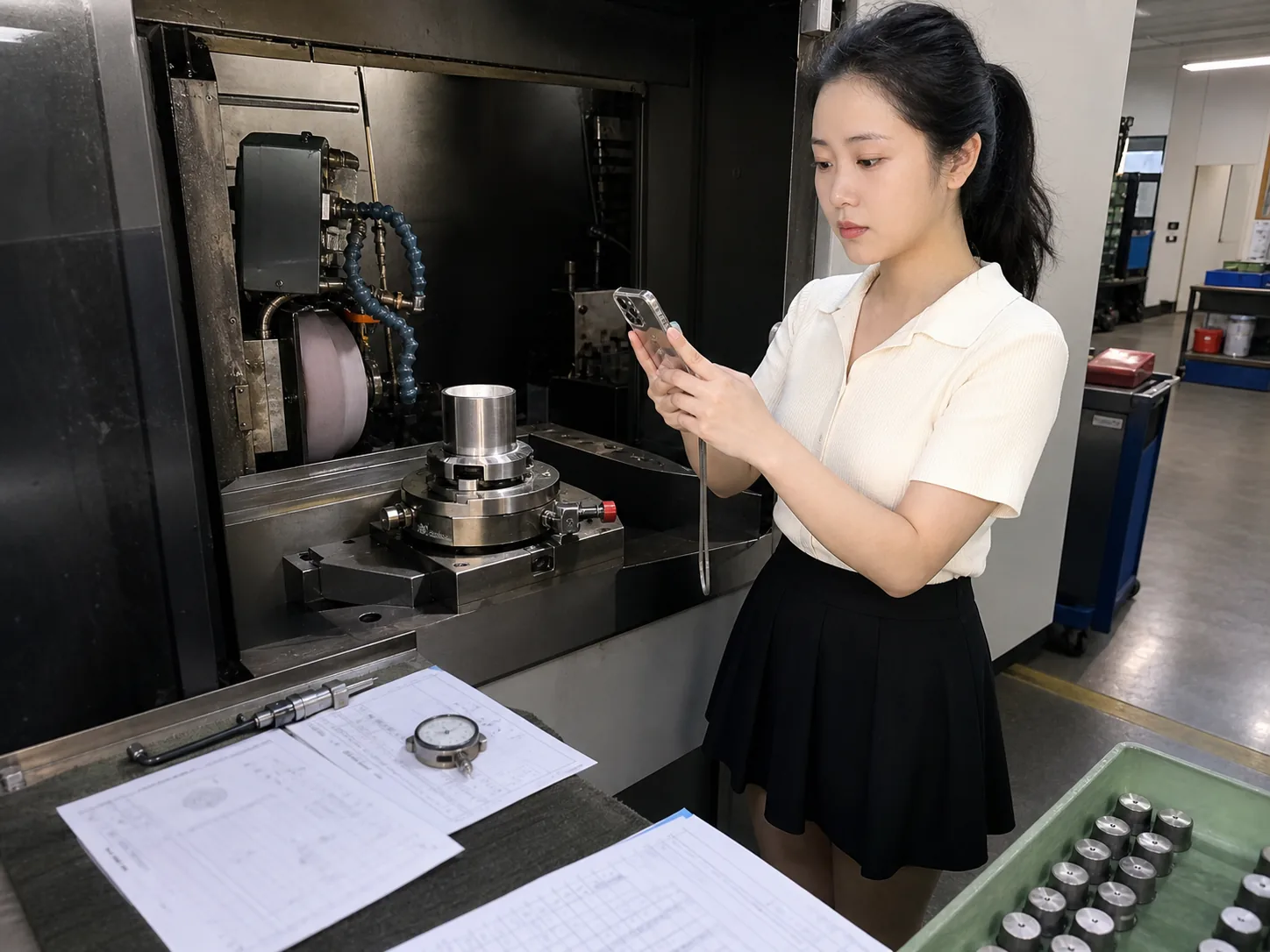 内容采集人员在打磨加工现场用手机记录工件、夹具与设备关系