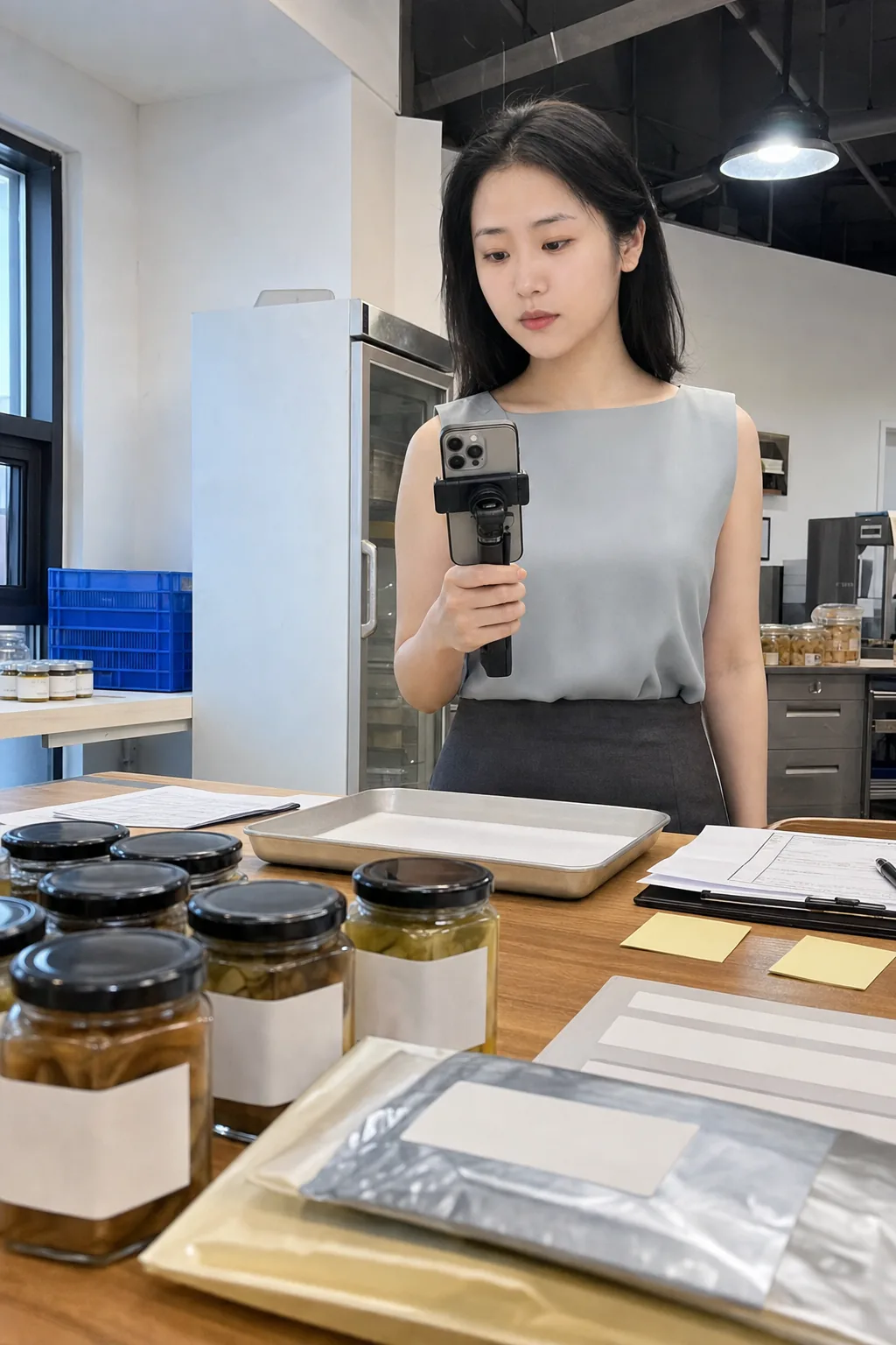 内容采集人员在腌制品打样现场用手机记录样品与检验资料的对应关系