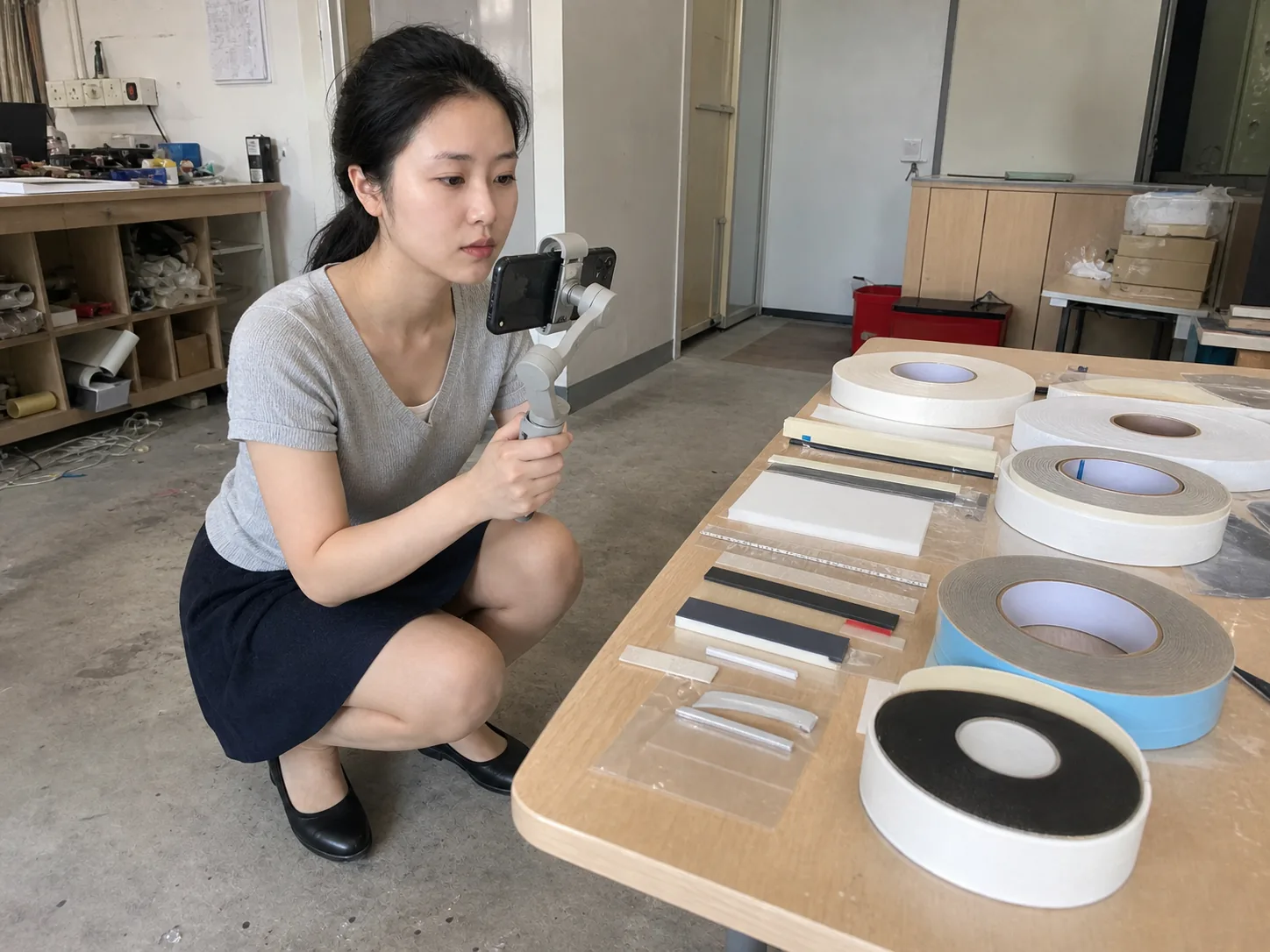 自媒体拍摄人员在样品台用普通手机记录精密双面胶样件、结构差异和无文字工艺图纸