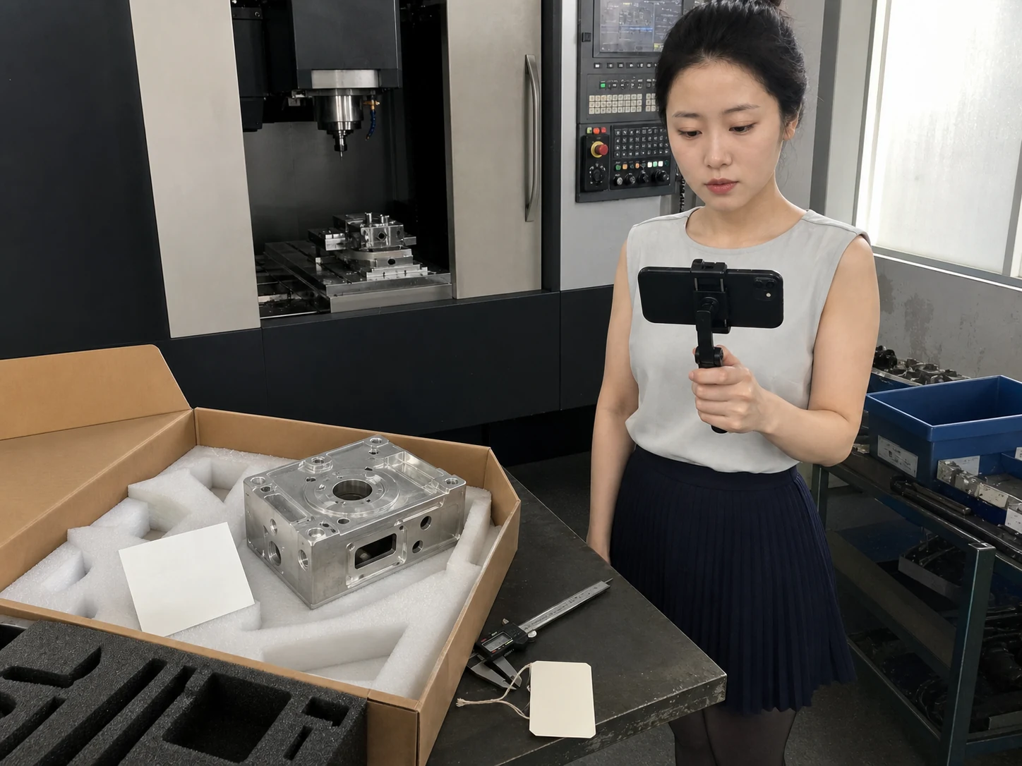 精密加工中心旁金属壳体装箱与批量生产条件记录现场
