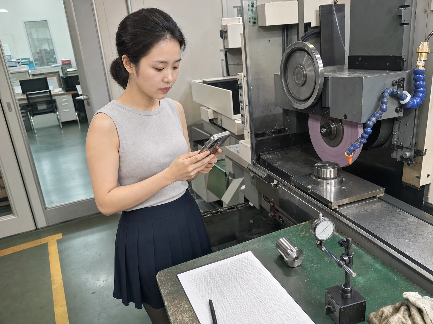 精密磨削设备旁的金属工件、砂轮与报价复核资料