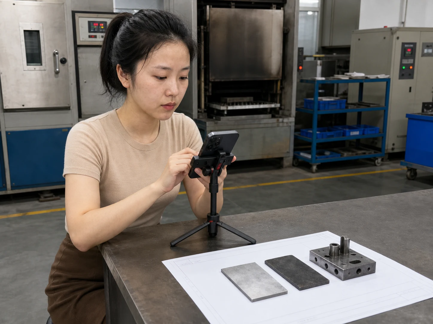 精密热处理样品台上的金属件、材料试样和工艺记录