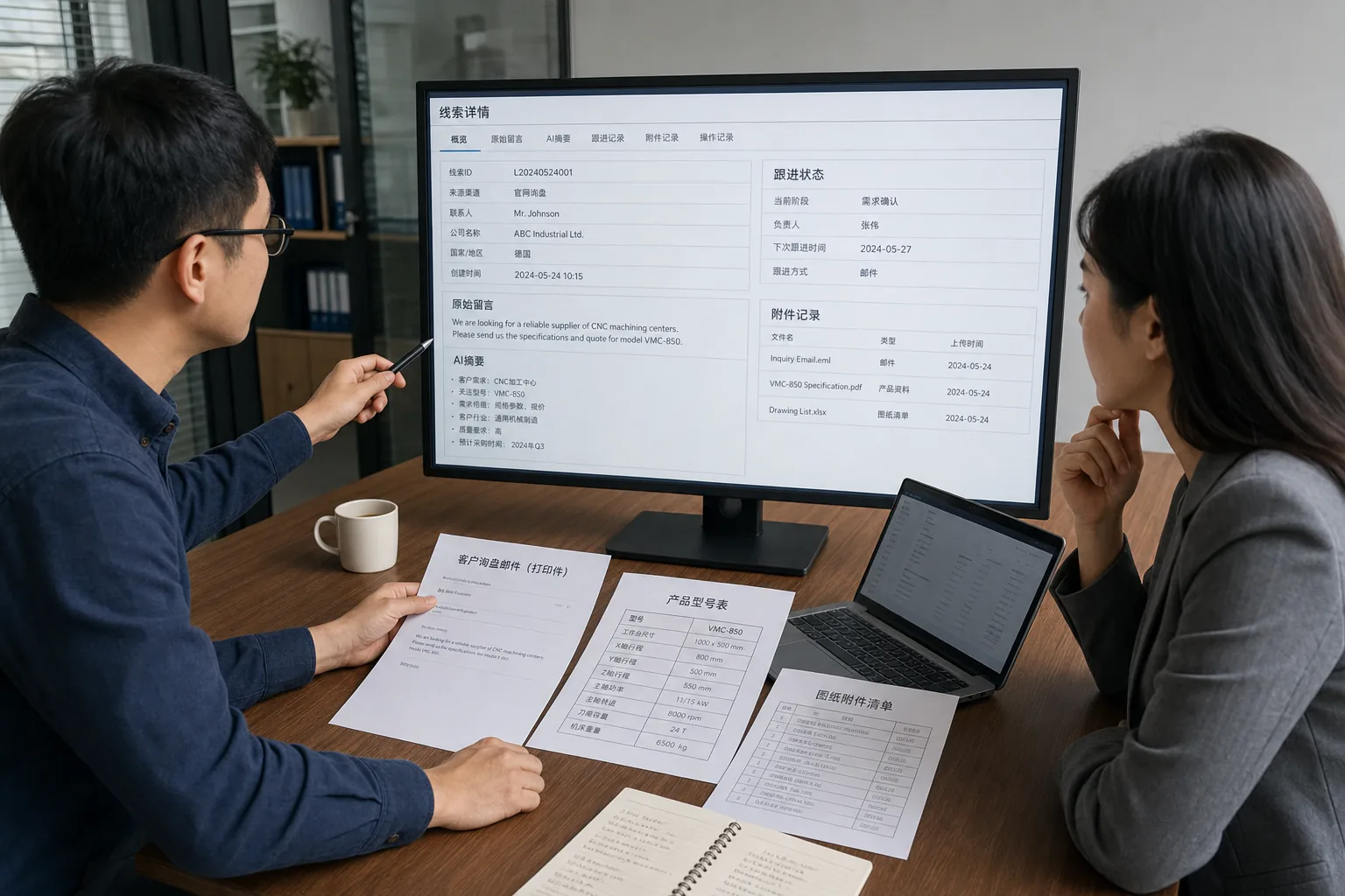 销售团队核对AI摘要和客户原始询盘记录